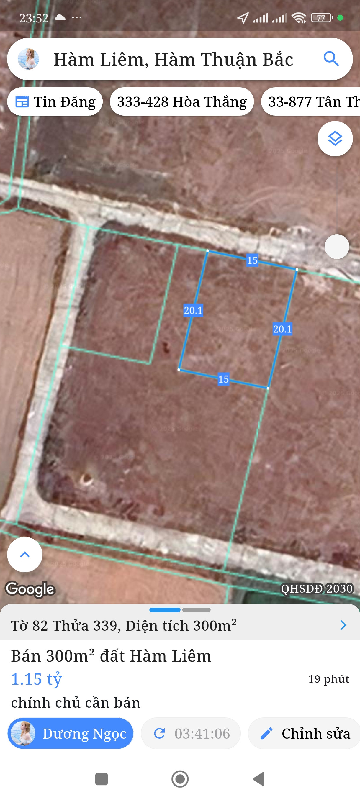 Bán đất 300m² ngang 15m giá 1.15 tỷ Xã Hàm Liêm