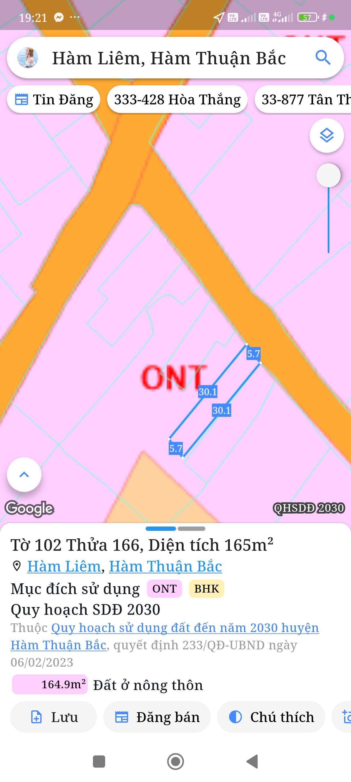 Bán đất 165m² ngang 5,7m giá 770 triệu Xã Hàm Liêm