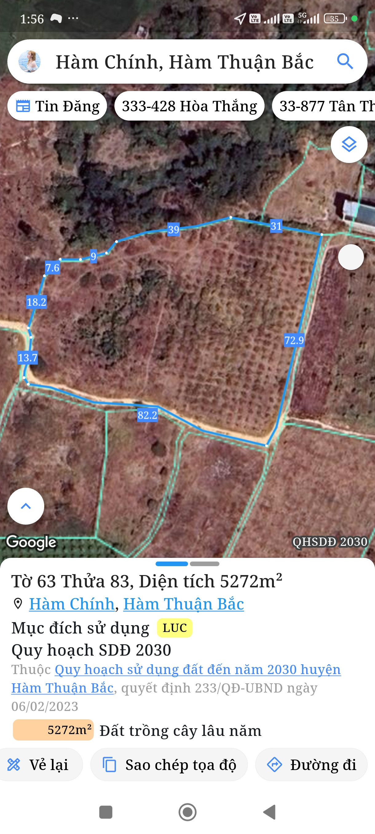 Bán đất 5272m² ngang 50m giá 1.85 tỷ Xã Hàm Liêm