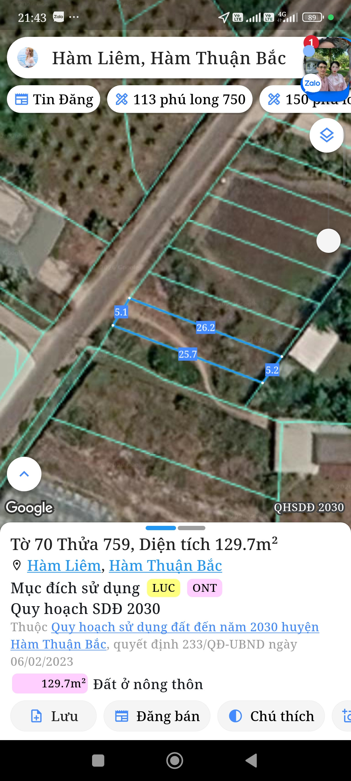 Cần bán đất thổ cư hàm liêm 129m² 860triệu