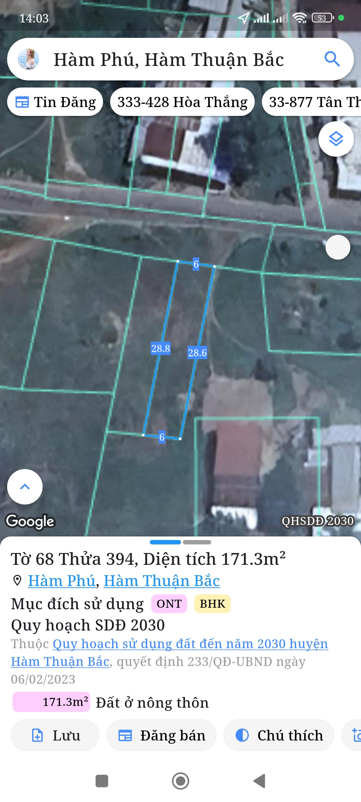 Bán đất 171,3m² ngang 6m giá 550 triệu Xã Hàm Thuận Bắc