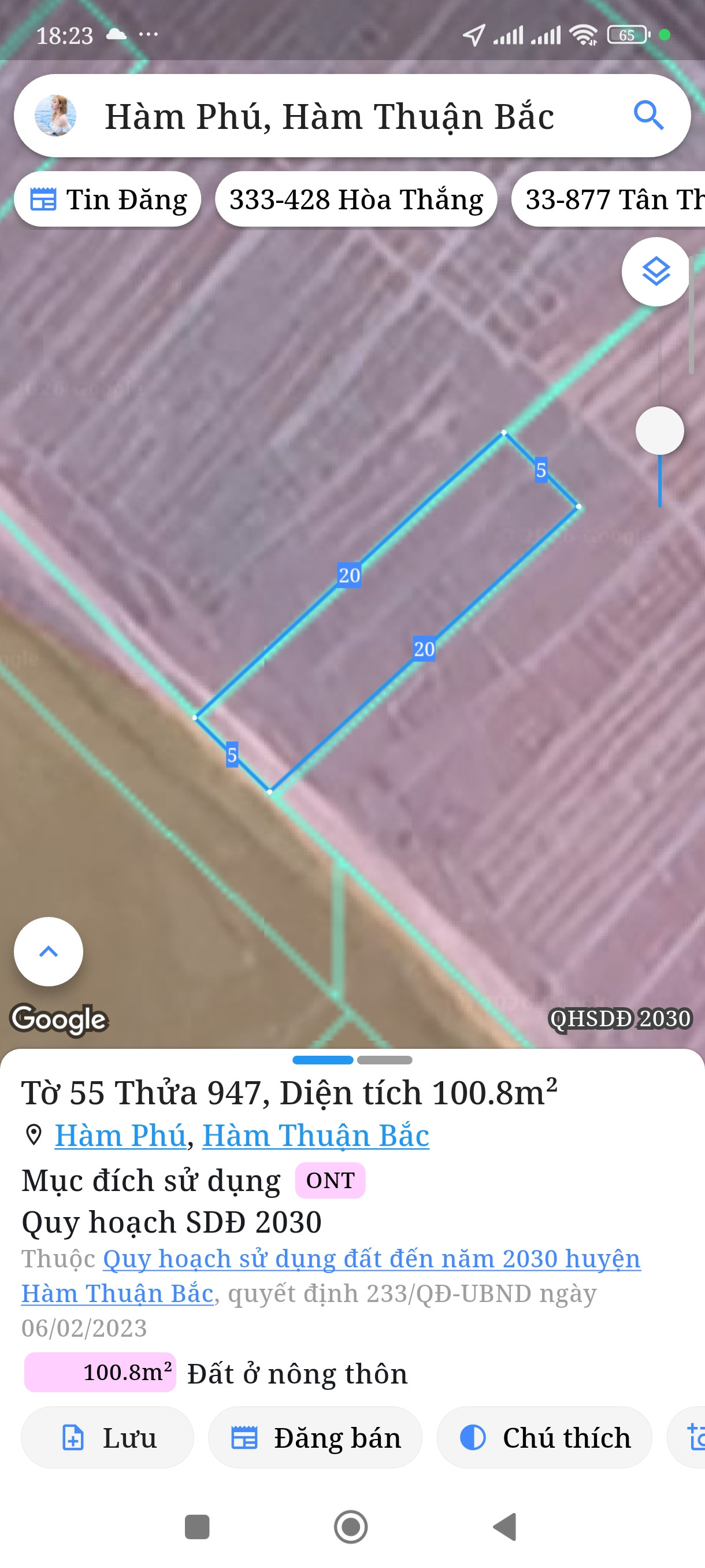 Bán đất 100,8m² full thổ cư ngang 5m giá 140 triệu tại Xã Hàm Thuận Bắc