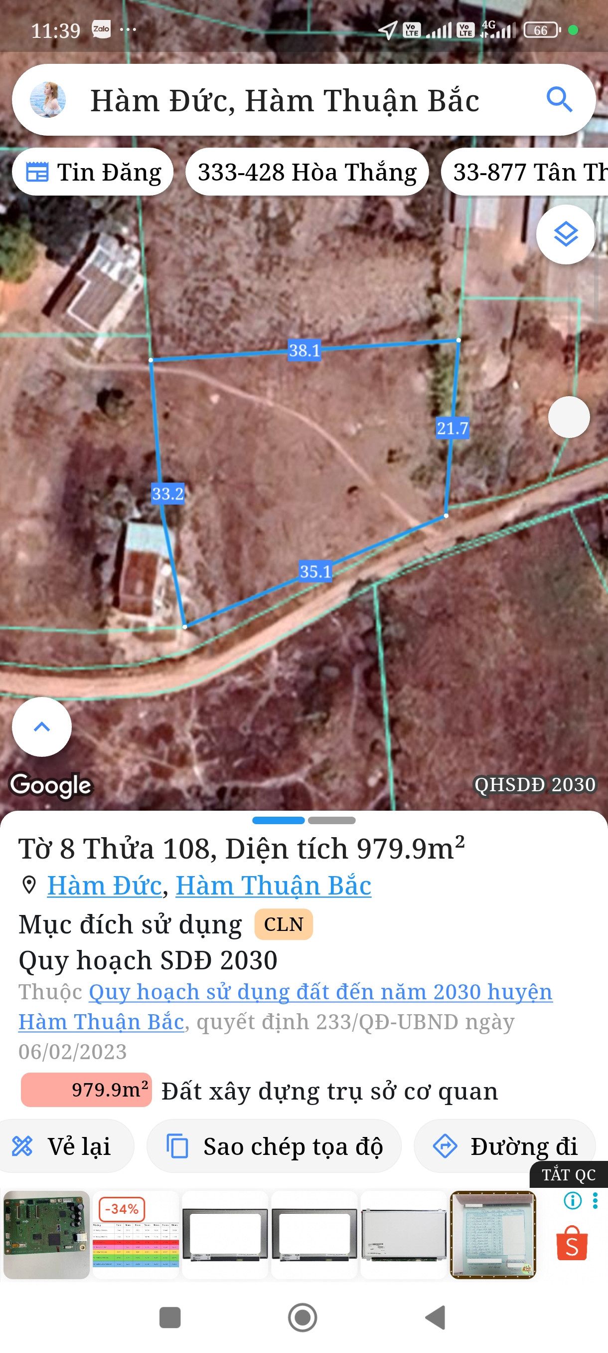 Bán đất 979,9m² ngang 35m giá 550 triệu tại Xã Hàm Thuận