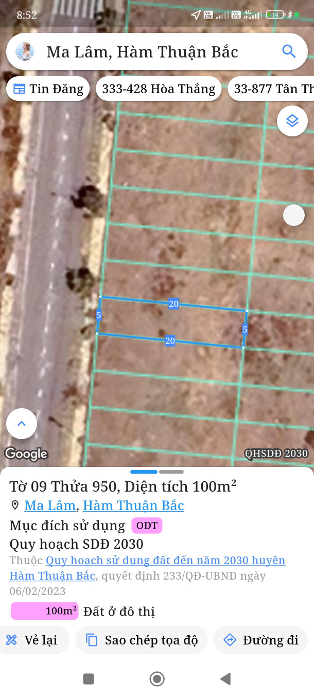 Bán đất 100m² full thổ cư ngang 5m giá 900 triệu tại Xã Hàm Thuận