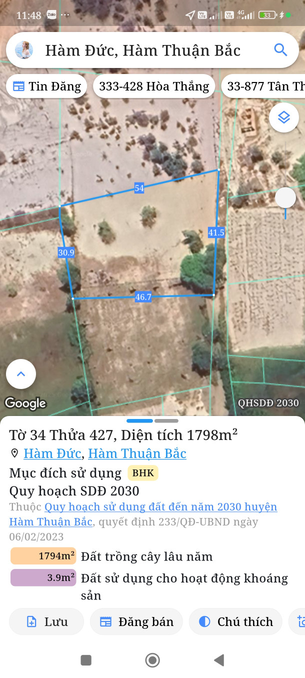 Bán đất 1797m² ngang 41m giá 810 triệu Xã Hàm Thuận