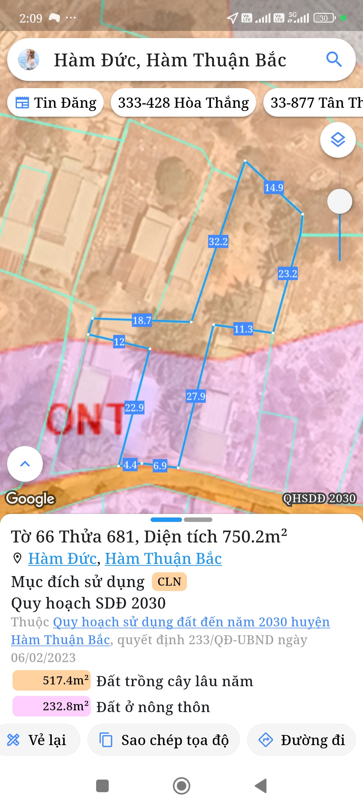 Bán đất 1050m² ngang 24m giá 1.55 tỷ Xã Hàm Thuận