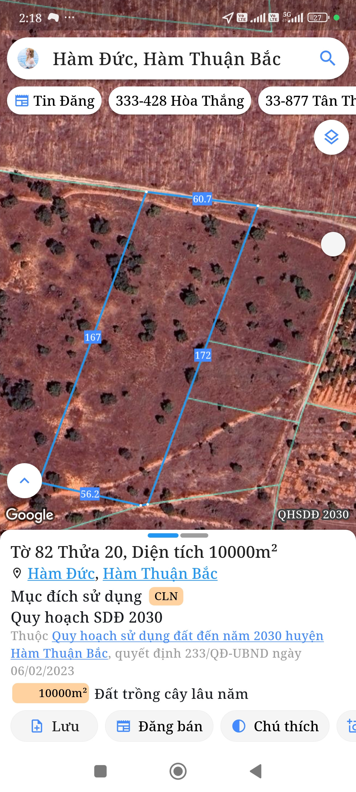 Bán đất 10000m² ngang 60m giá 820 triệu Xã Hàm Thuận