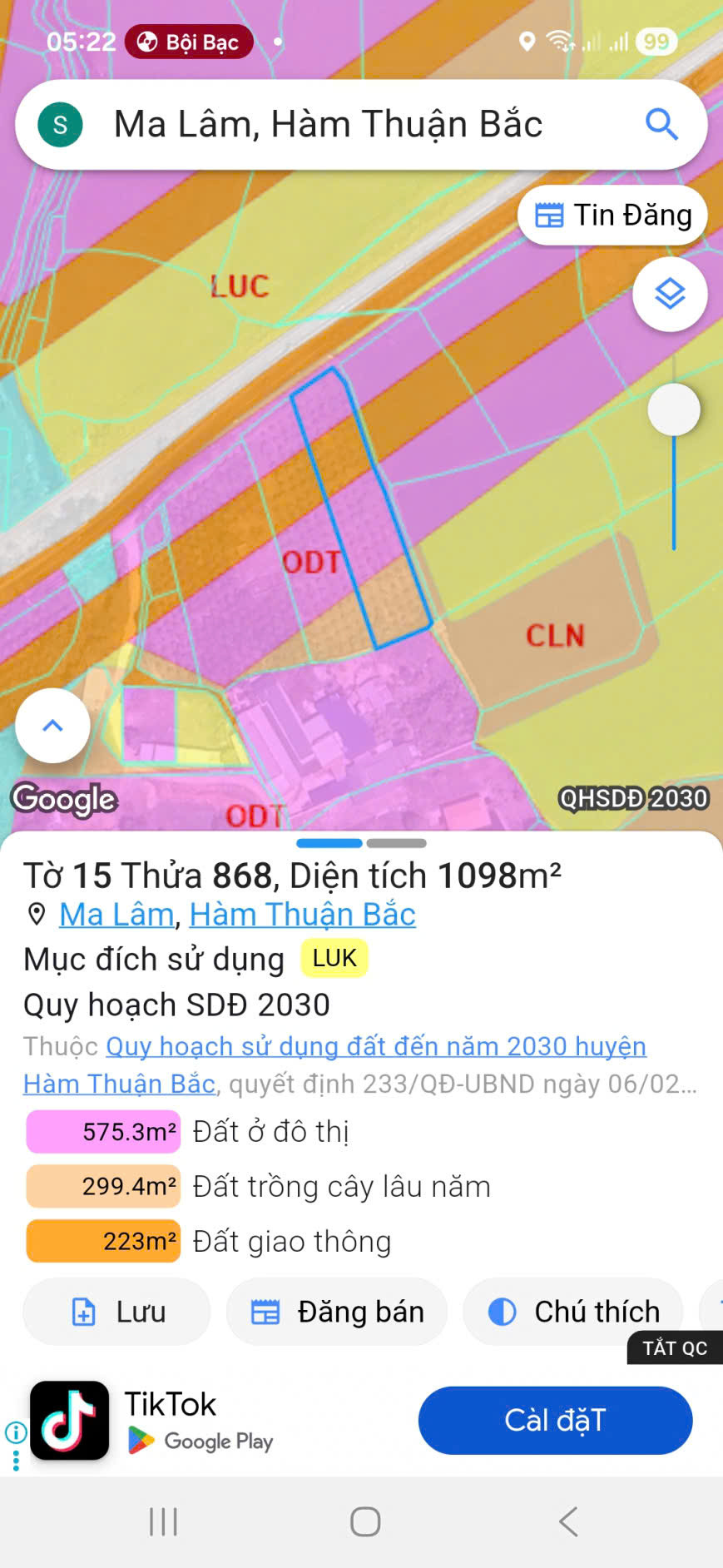 Bán đất 1097,9m² ngang 13,37m Xã Hàm Thuận