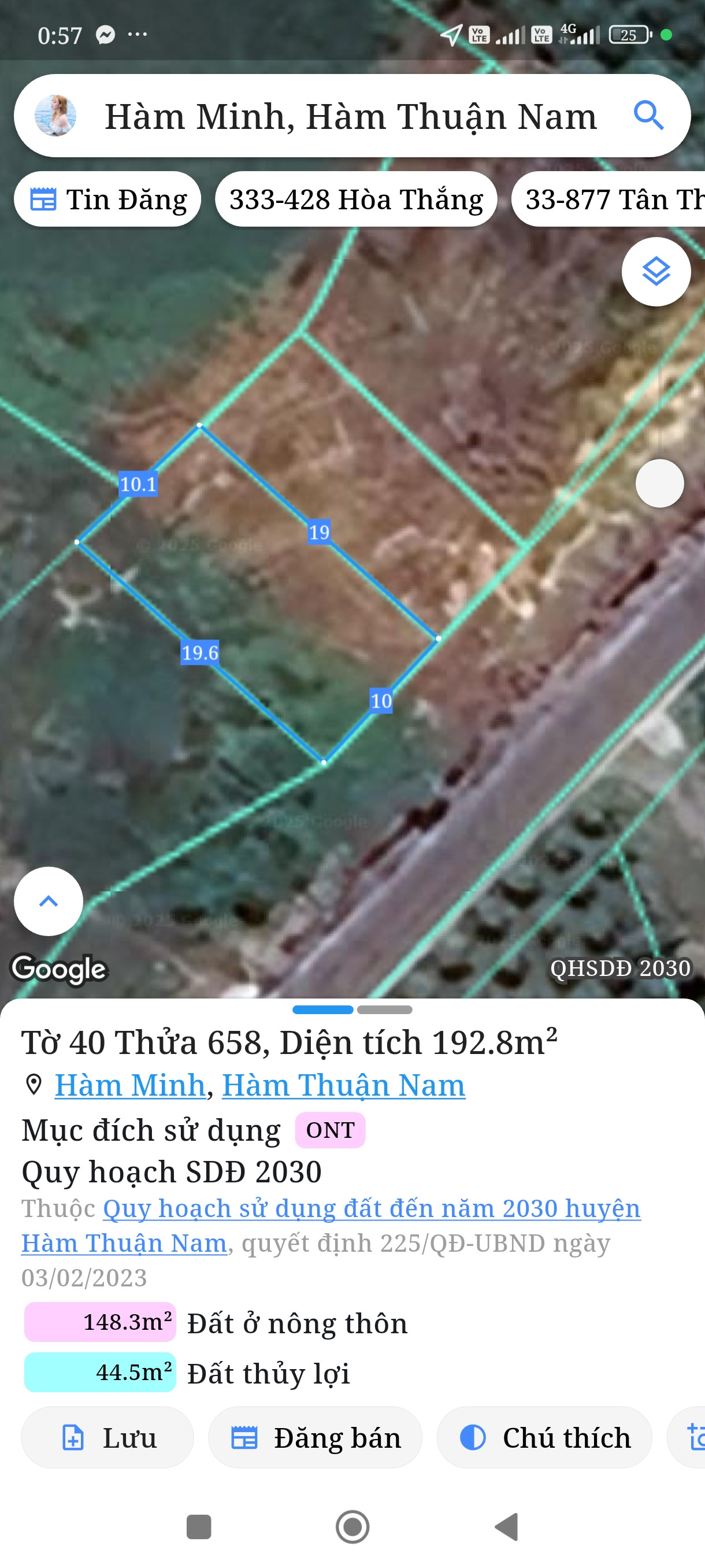 Bán đất 192,8m² giá 690 triệu Xã Hàm Thuận Nam