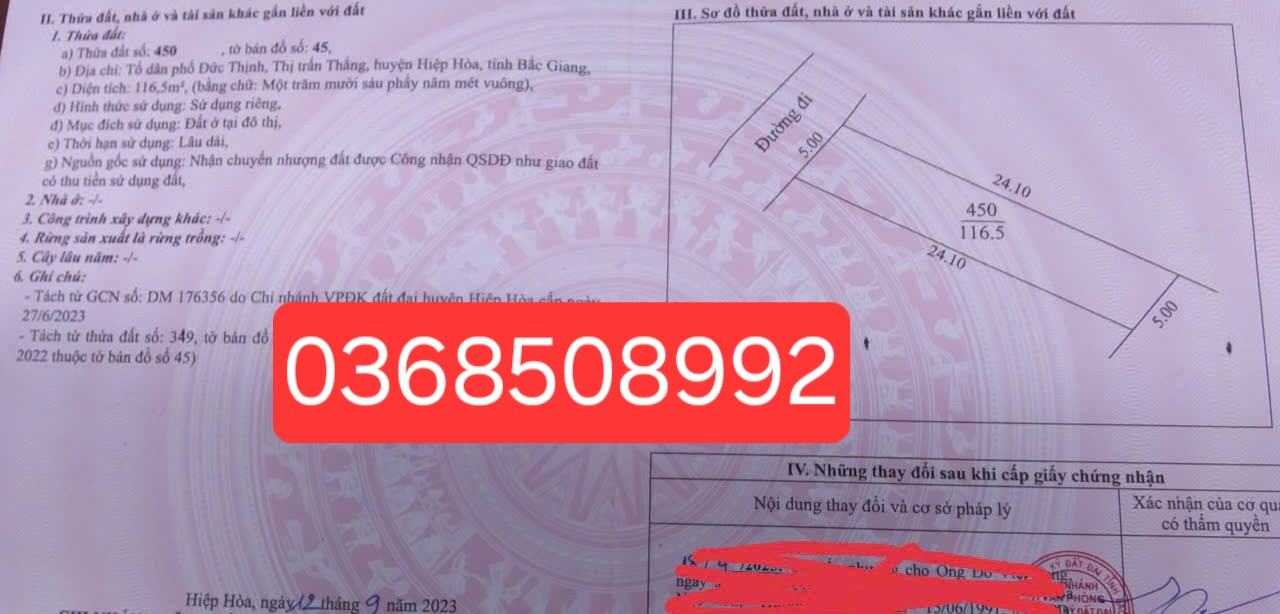 Bán đất 116m² ngang 5m giá 1.45 tỷ Xã Hiệp Hòa