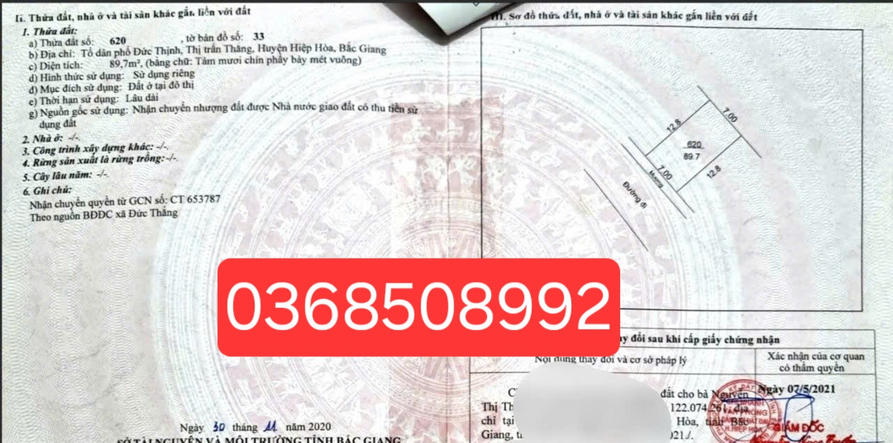 Bán đất 89,7m² ngang 7m giá 1.5 tỷ Xã Hiệp Hòa