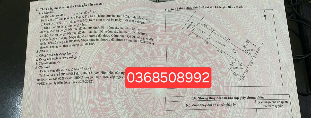 Bán đất 193m² ngang 5,15m giá 1.9 tỷ Xã Hiệp Hòa