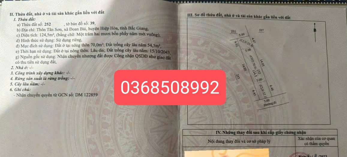 Bán đất 124m² ngang 5m giá 790 triệu Xã Hiệp Hòa