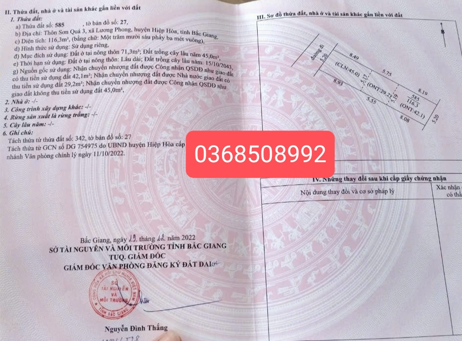 Bán đất 116m² ngang 5,2m giá 1.05 tỷ Xã Hiệp Hòa