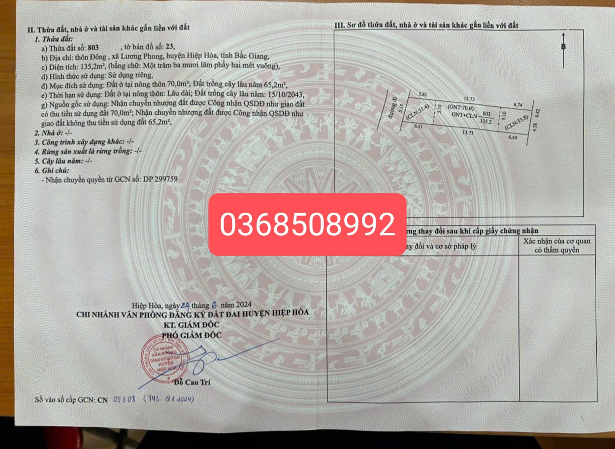 Bán đất 135m² ngang 5,1m giá 1.05 tỷ Xã Hiệp Hòa