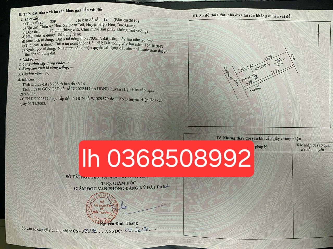 Bán đất 96m² ngang 5m giá 1.38 tỷ Xã Hiệp Hòa