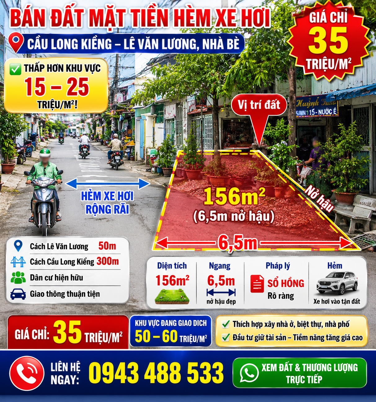 Bán Đất 156m² t giá 35tr/m2 gần cầu Long kiểng