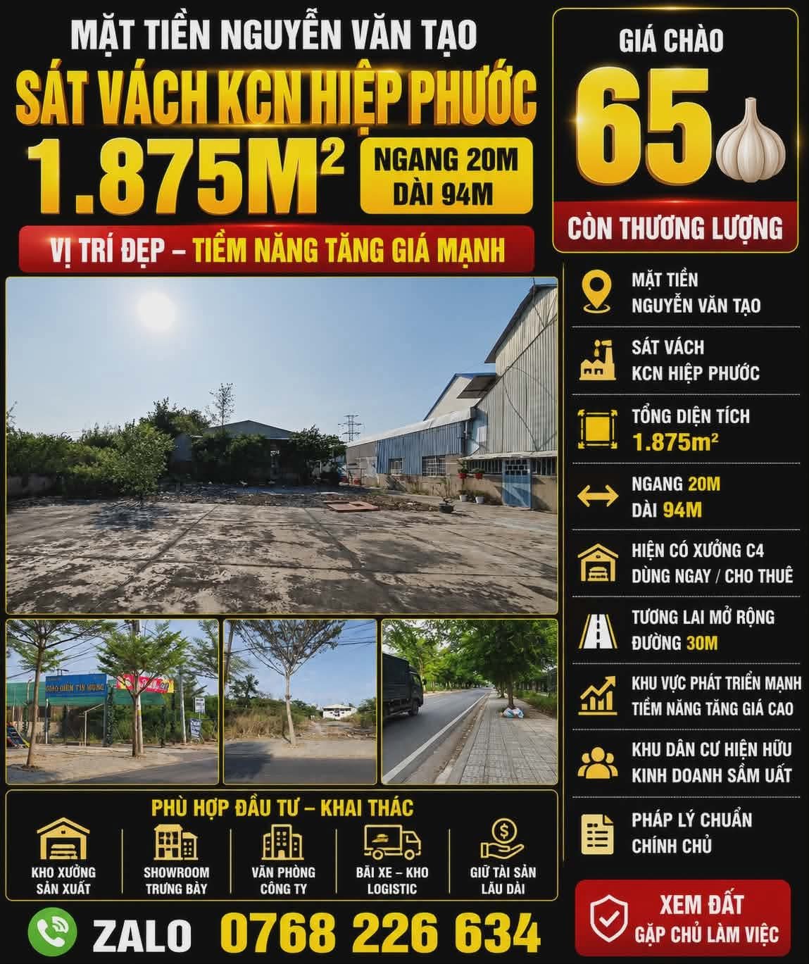 🔥 MẶT TIỀN NGUYỄN VĂN TẠO, SÁT VÁCH KCN HIỆP PHƯỚC, 1.875M², NGANG 20M 💰65🧄