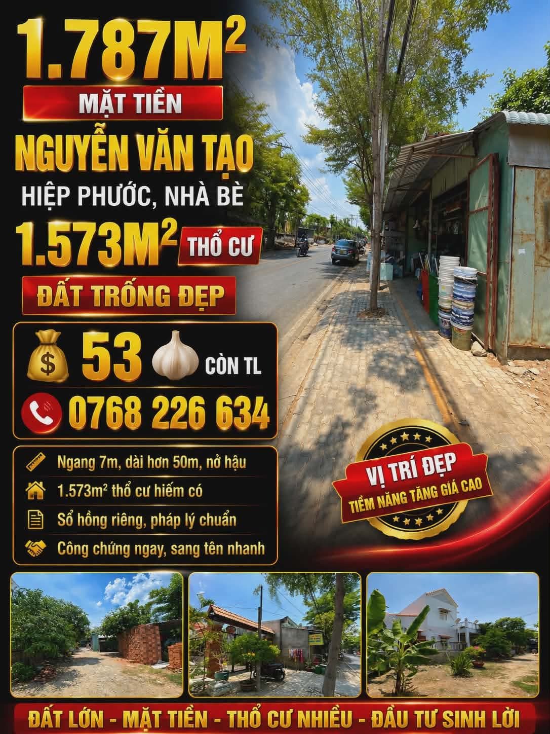 1.787m² mặt tiền Nguyễn Văn Tạo, Hiệp Phước, Nhà Bè. 1.573m² thổ cư.

💰 53 🧄 Còn TL.