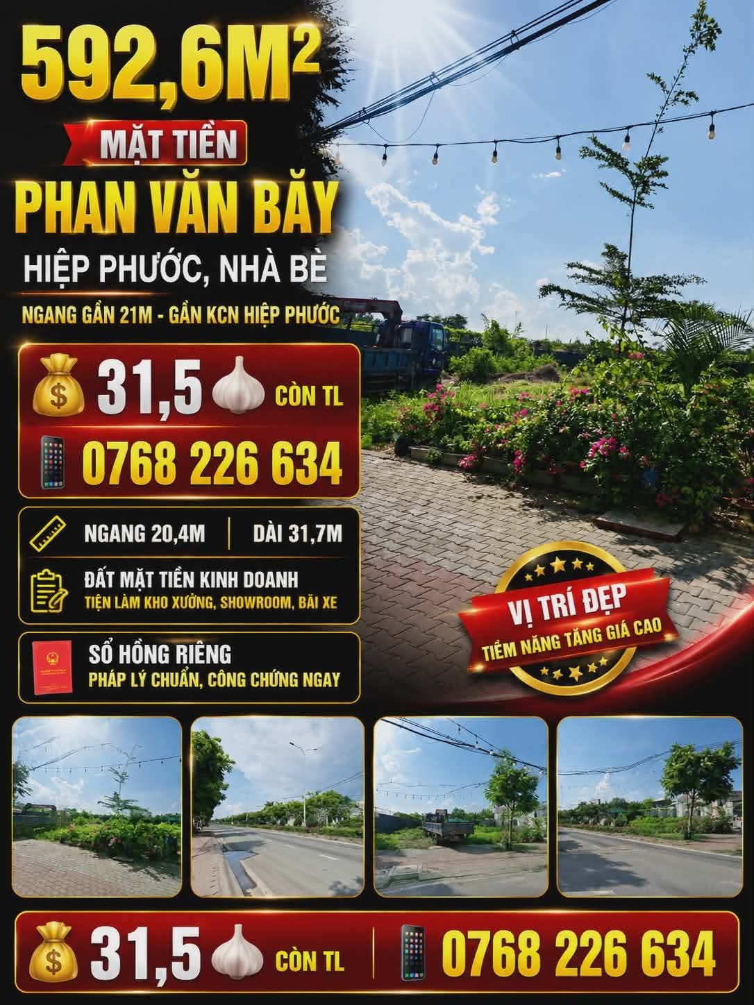 592,6m² mặt tiền Phan Văn Bảy, Hiệp Phước, Nhà Bè. Ngang gần 21m. Gần KCN Hiệp Phước.

💰 31,5 🧄 Còn TL

📱 0768 226 634