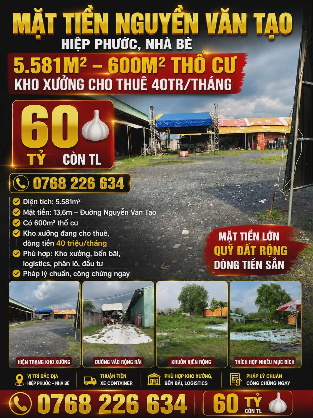 🏭 MẶT TIỀN NGUYỄN VĂN TẠO, HIỆP PHƯỚC, NHÀ BÈ. 5.581M². 600M² THỔ CƯ. KHO XƯỞNG THUÊ 40TR/THÁNG. 💰60🧄 CÒN TL. 📱0768 226 634