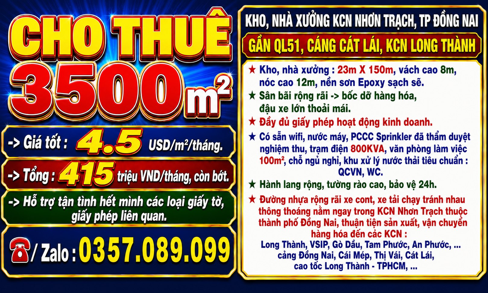 CHO THUÊ 3500m2 KHO, NHÀ XƯỞNG KCN NHƠN TRẠCH, ĐỒNG NAI GẦN QL51, CẢNG CÁT LÁI, LONG THÀNH