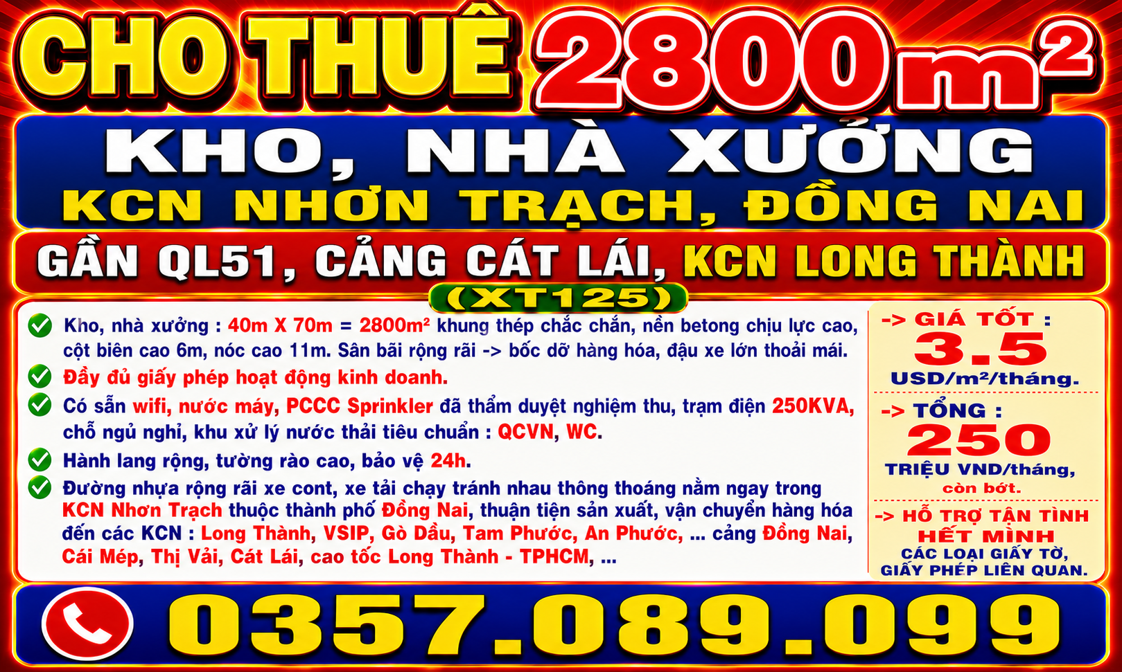 CHO THUÊ 2800m2 KHO, NHÀ XƯỞNG KCN NHƠN TRẠCH, ĐỒNG NAI GẦN QL51, CẢNG CÁT LÁI, LONG THÀNH