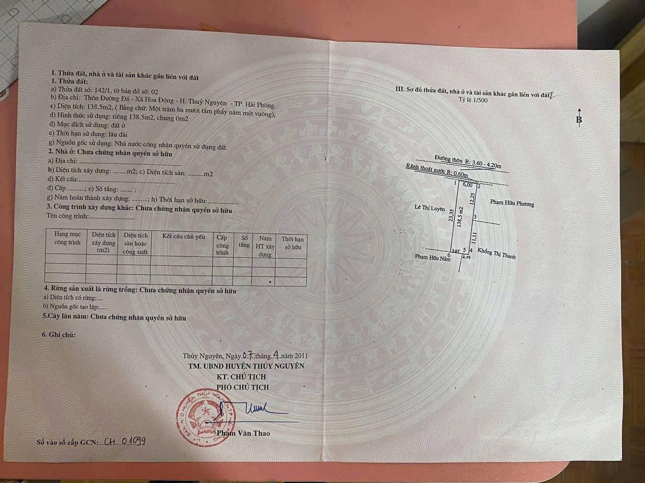 Bán đất 138.5 m tại Hoa Động ngay gần khu đô thị Hoàng Huy và Doji .l/h:076.231.9990 e Thúy