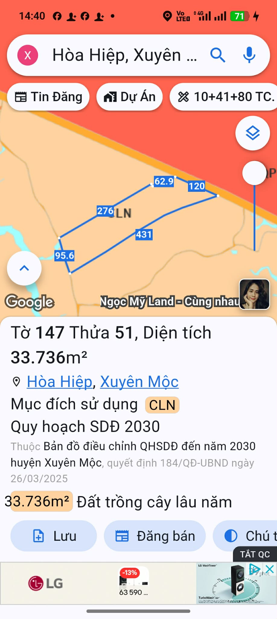 Xã Hoà Hiệp huyện Xuyên Mộc . S: 54.410 m2. Quy hoạch ra 2 mặt tiền