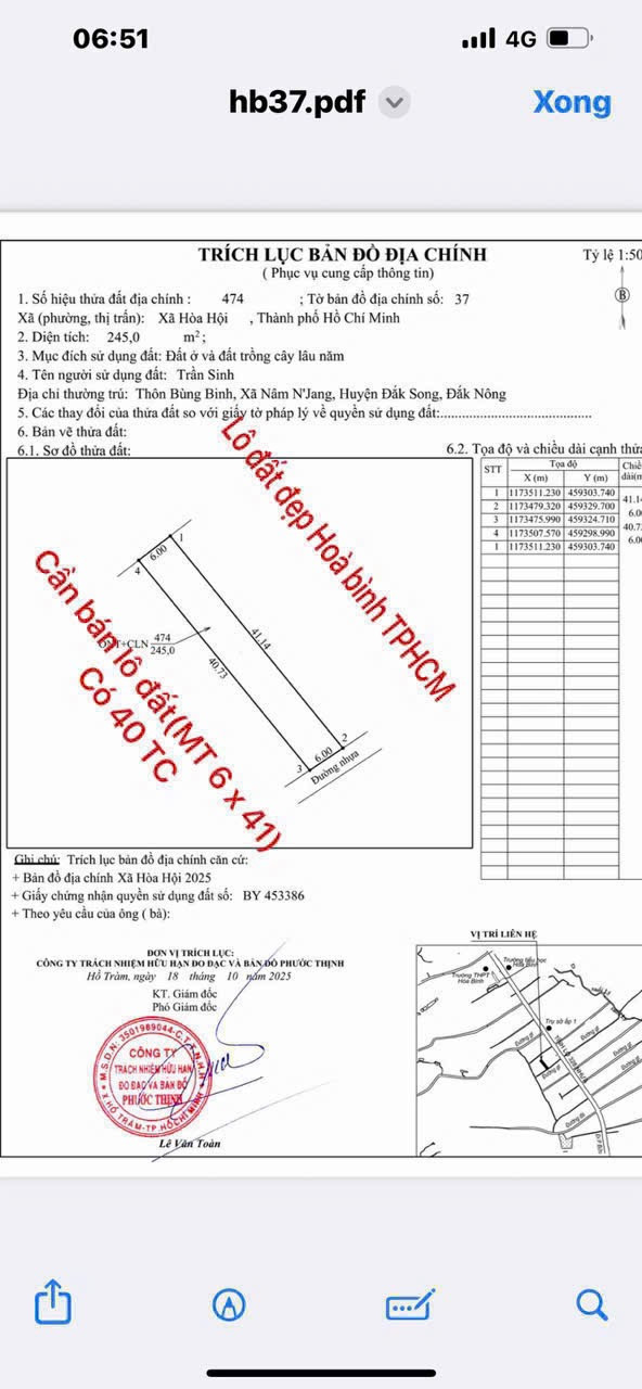 Bán đất 244.9m² ngang 6m giá 850 triệu Xã Hòa Hội