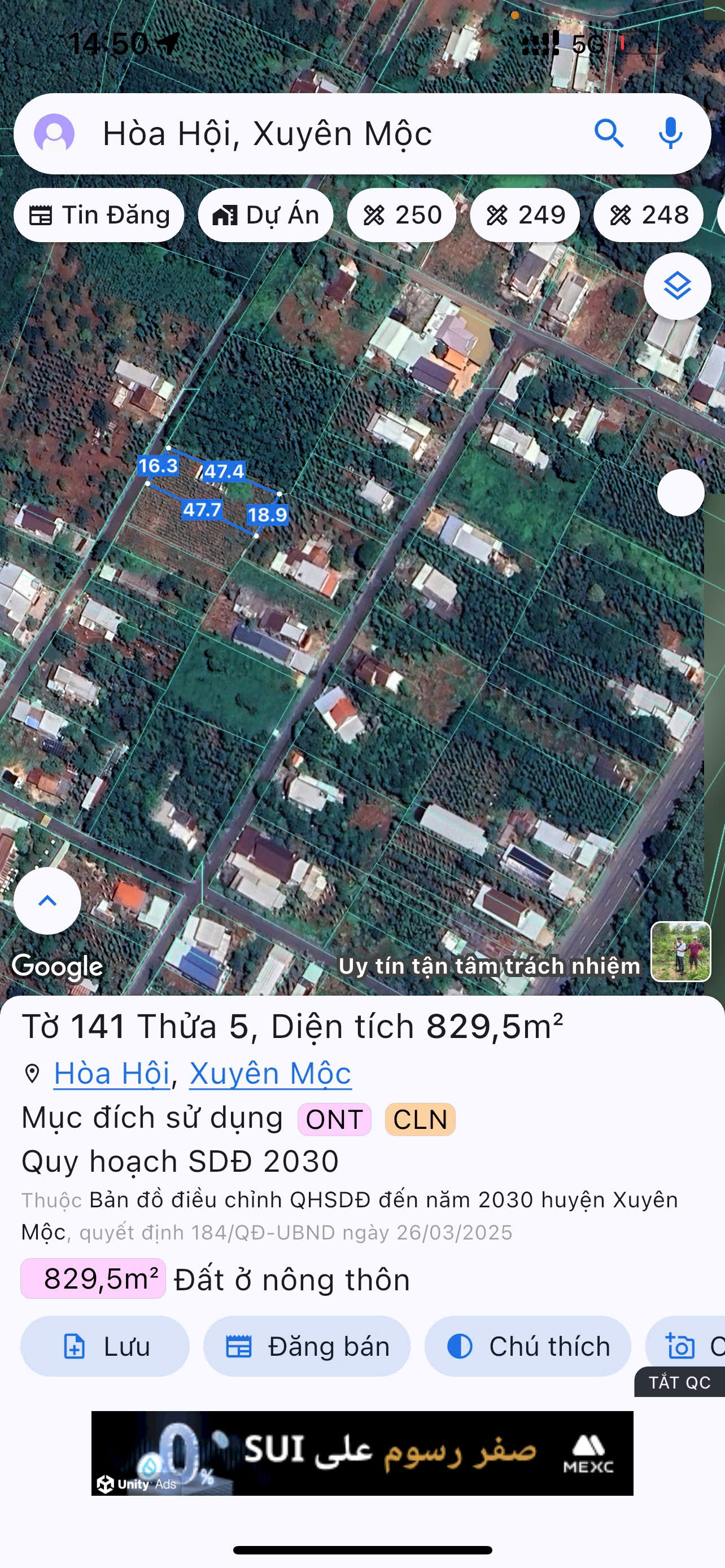 Bán đất 848,4m² ngang 16,3m giá 1.7 tỷ Xã Hòa Hội Xuyên Mộc