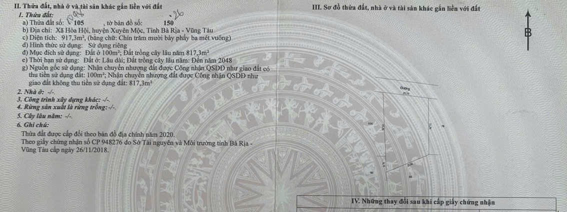 Bán đất 917,3m² ngang 25m giá 2.25 tỷ Xã Hòa Hội Xuyên Mộc