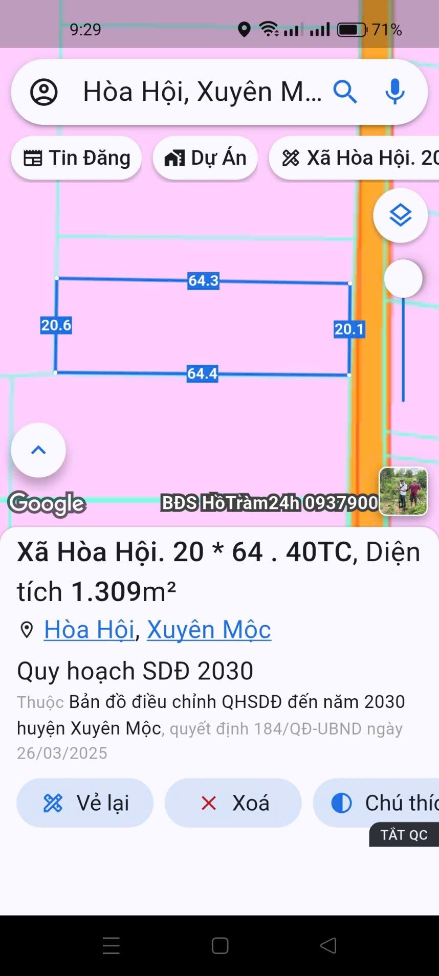 Đất thổ vườn sau UB xã Hoà Hội , chỉ 105tr/m ngang