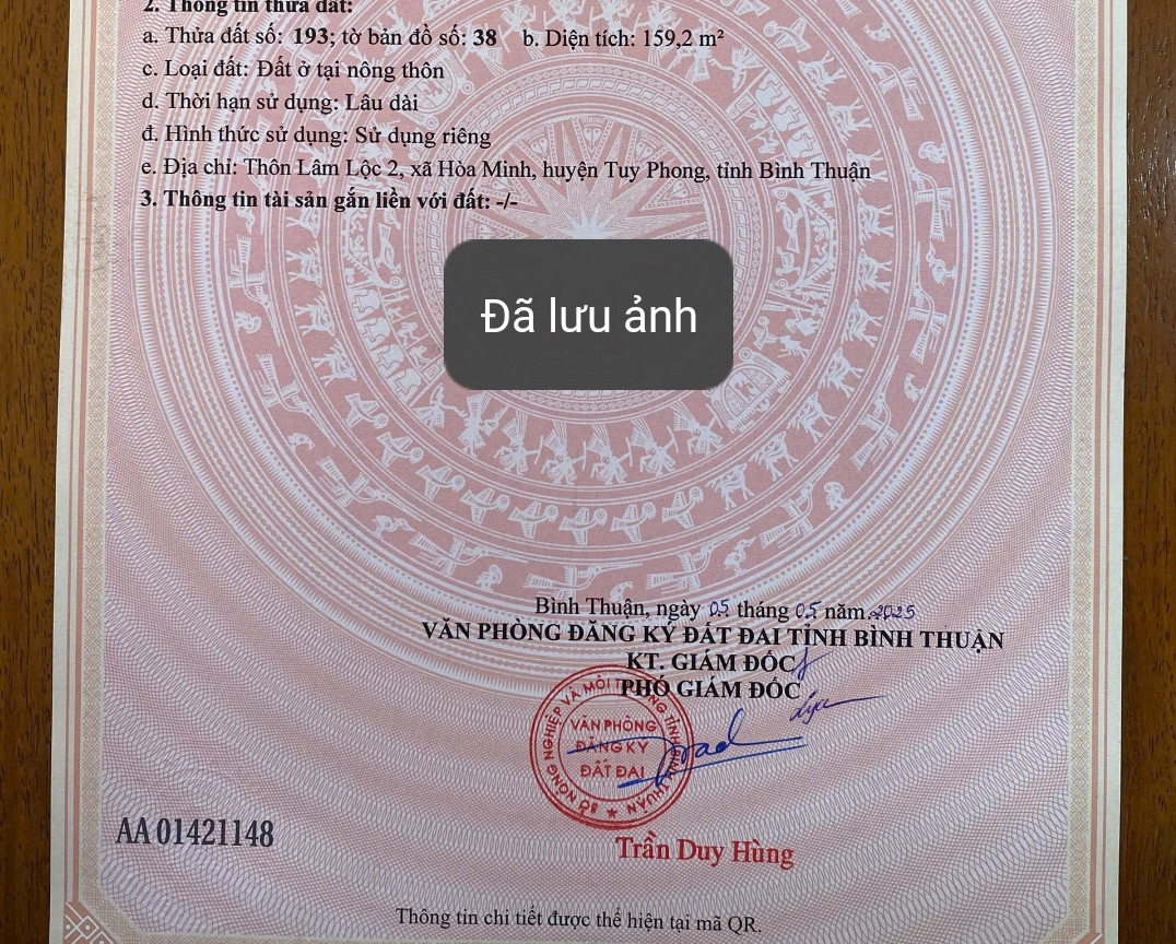 Bán Đất 159m2 có sẵn 159 m2 thổ cư giá 750 triệu tại Xã Hòa Minh Huyện Tuy Phong Bình Thuận