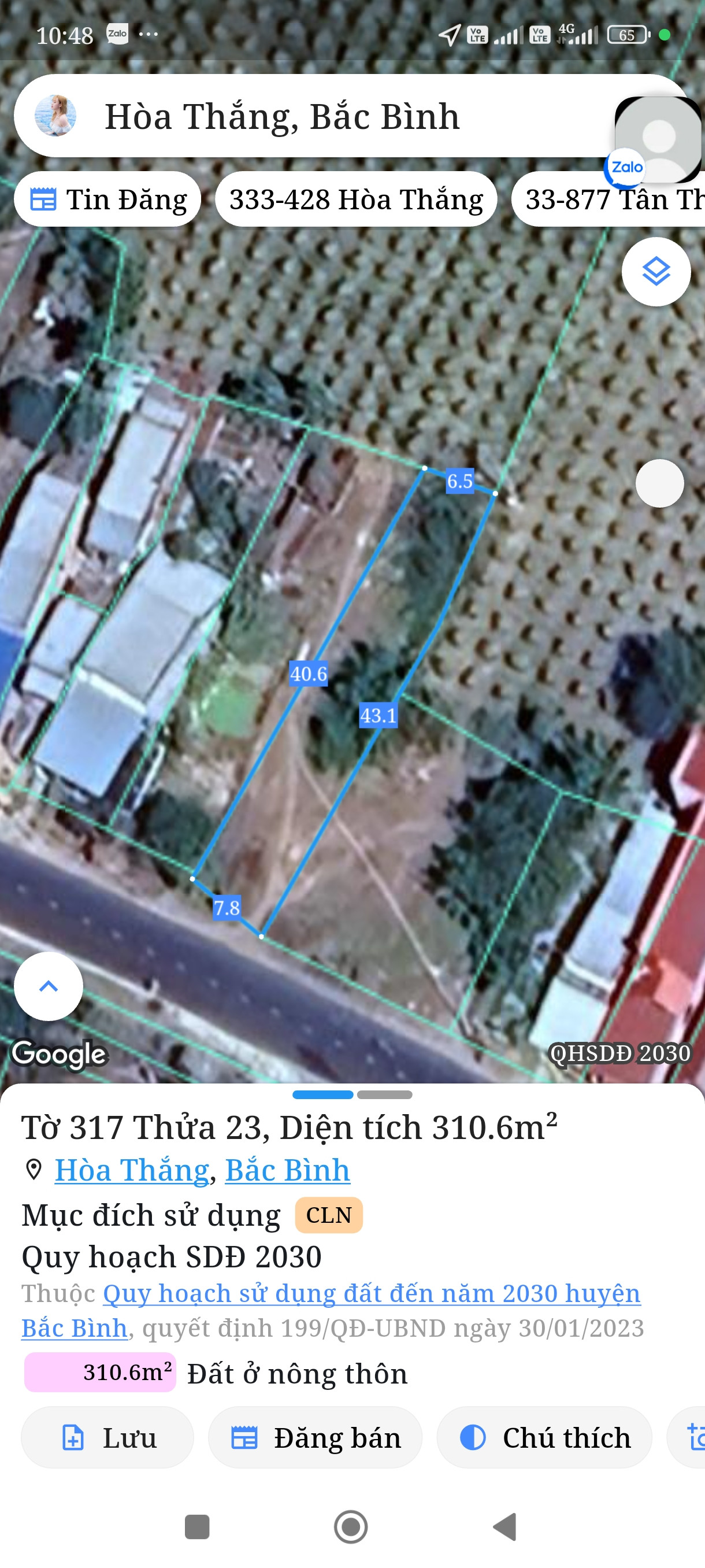 Bán đất 310,6m² ngang 7,8m giá 1.5 tỷ Xã Hòa Thắng