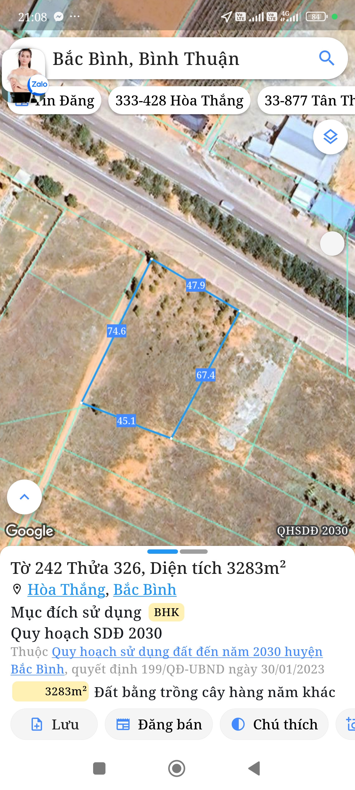 Bán đất 3283m² ngang 47,8m giá 14.77 tỷ Xã Hòa Thắng