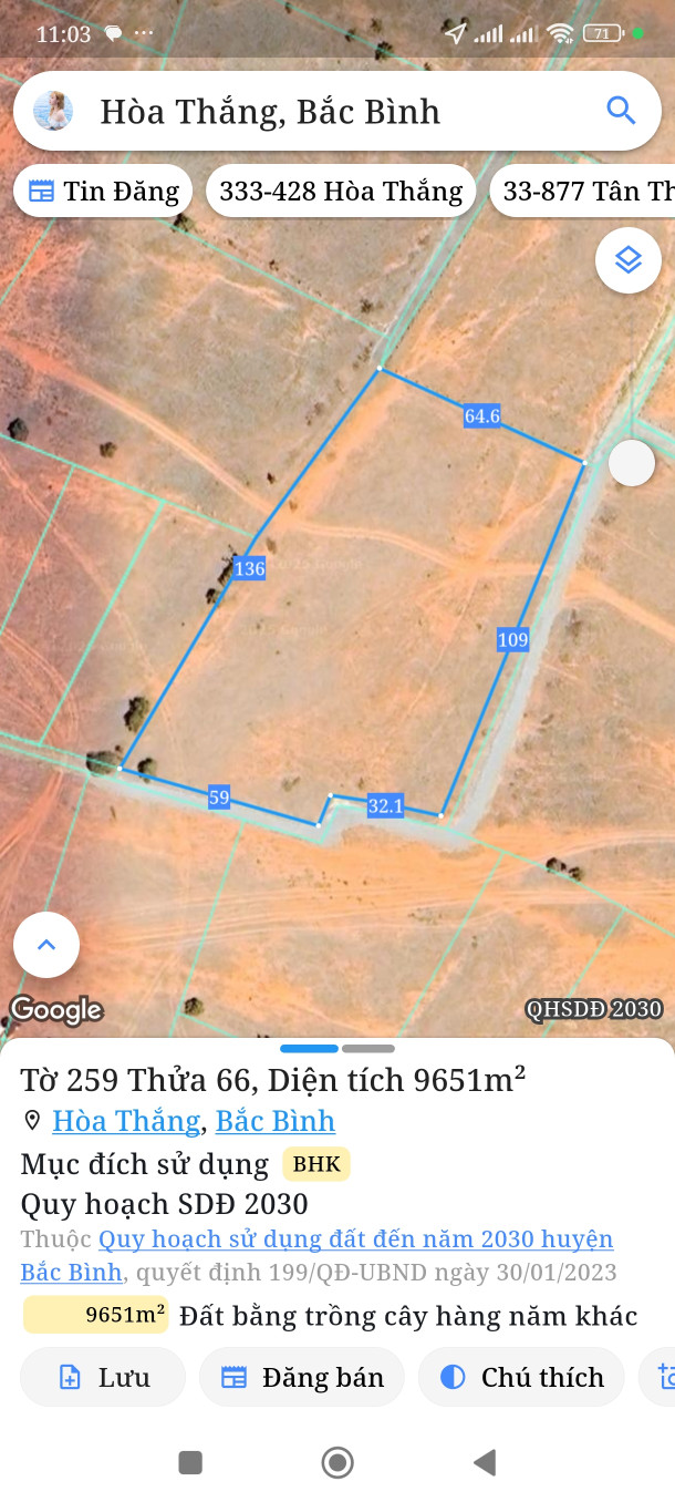 Bán đất 9651m² giá 10.5 tỷ Xã Hòa Thắng