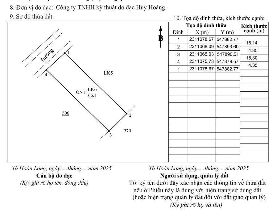 Bán đất 66,5m² full thổ cư ngang 4m giá 2.6 tỷ tại Xã Hoàn Long