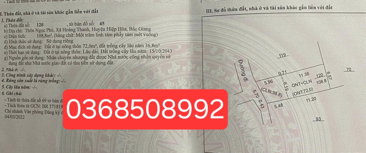 Bán đất 108m² ngang 6,19m giá 490 triệu Xã Hoàng Vân