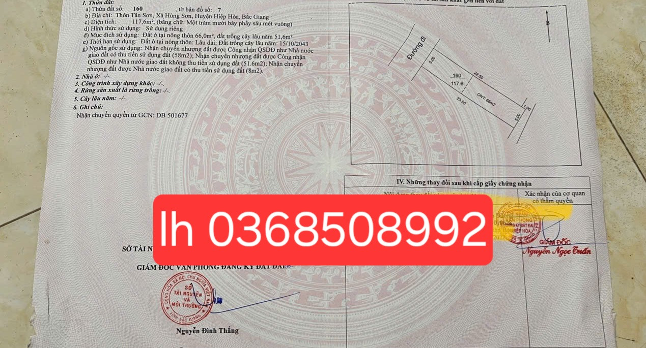 Bán đất 117m² ngang 5m giá 950 triệu Xã Hợp Thịnh