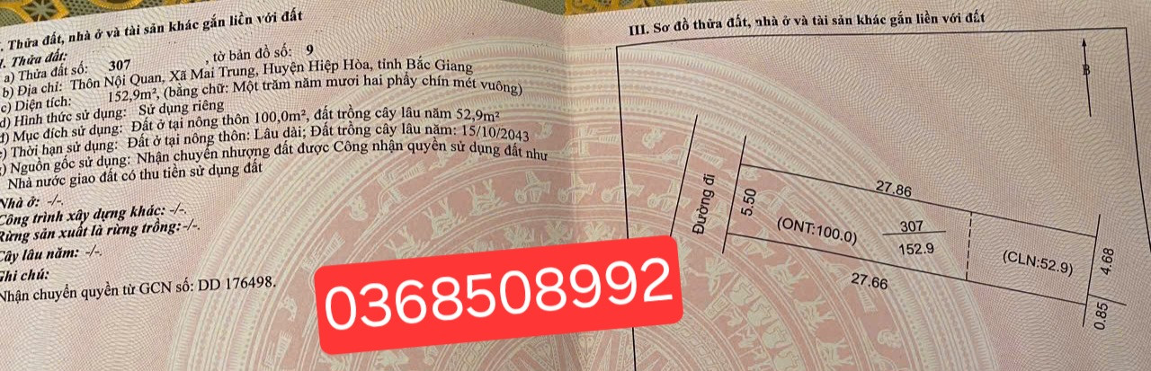 Bán đất 152m² ngang 5,5m giá 750 triệu Xã Hợp Thịnh