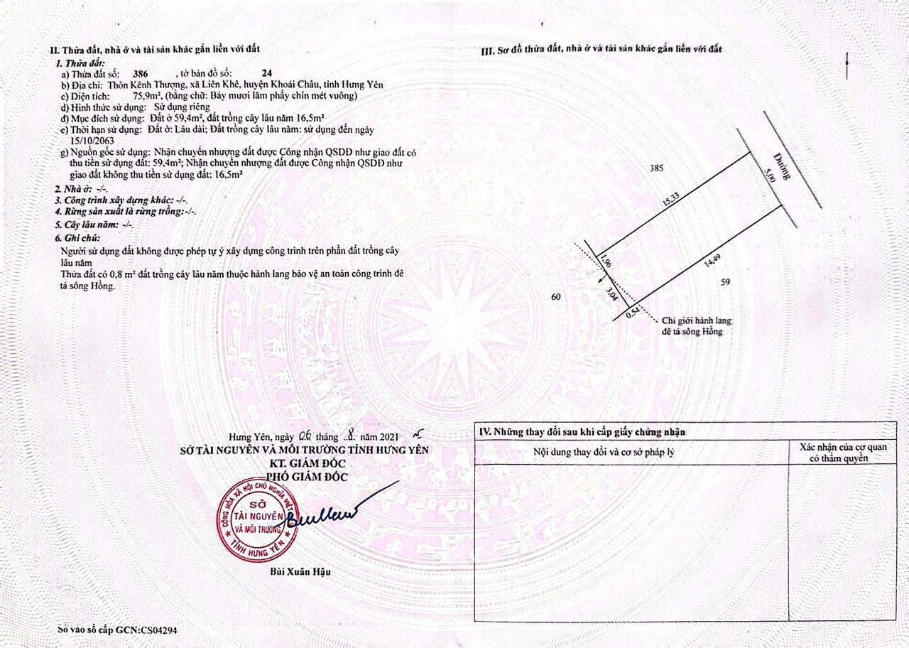 Bán đất 75,9m² có sẵn 59,4m² thổ cư ngang 5m giá 1.29 tỷ tại Xã Khoái Châu