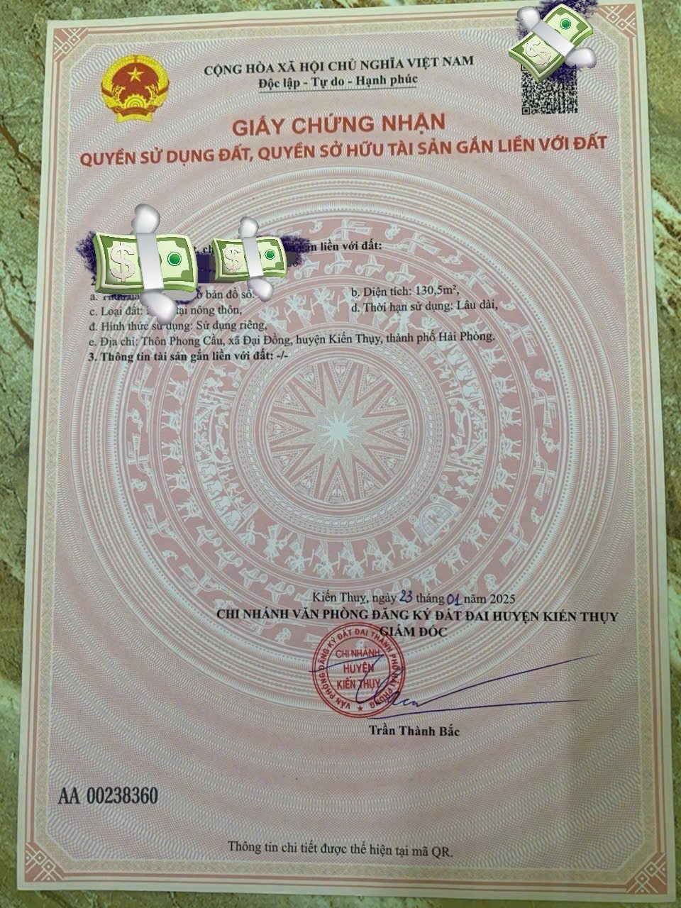 Bán 130,5m đất, Mặt tiền : 4,5m.Tại : Đại Đồng - Kiến Thuỵ - Hải Phòng