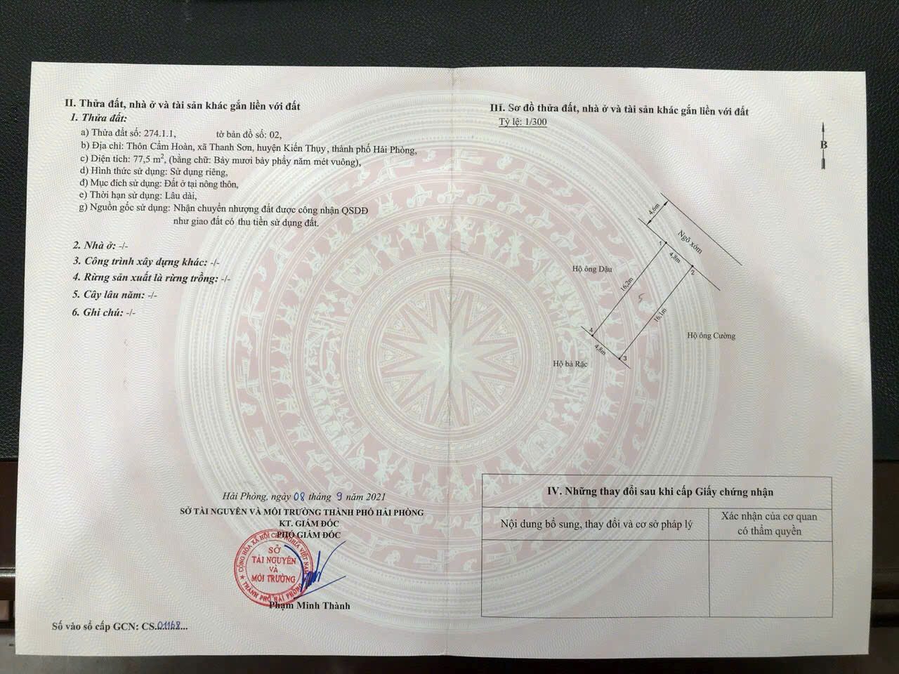 Bán 77,5m đất, Mặt tiền : 4,8m.Tại : Thanh Sơn - Kiến Thuỵ - Hải Phòng