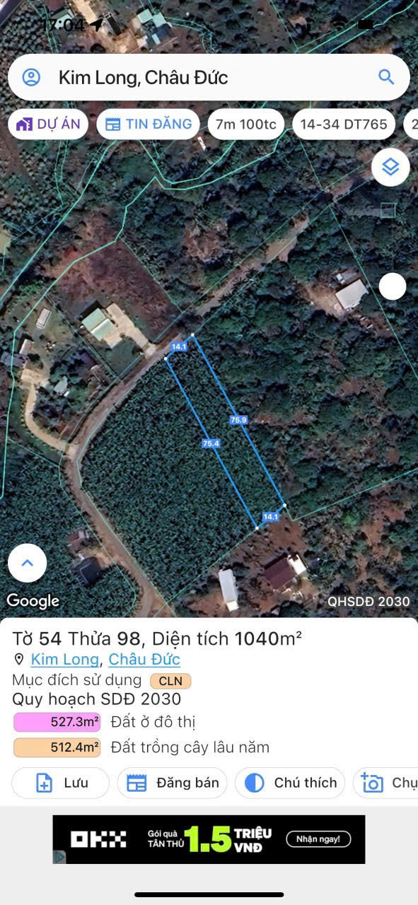 Bán đất 1039,7m² ngang 14,1m giá 1.4 tỷ Xã Kim Long Châu Đức
