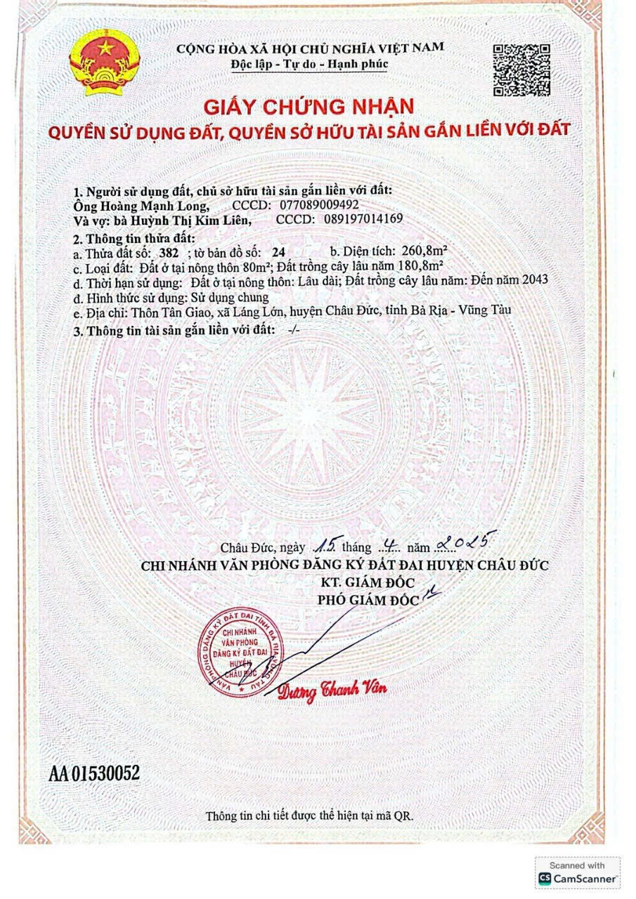Bán đất 260,8m² ngang 10m giá 1.3 tỷ Xã Kim Long Châu Đức