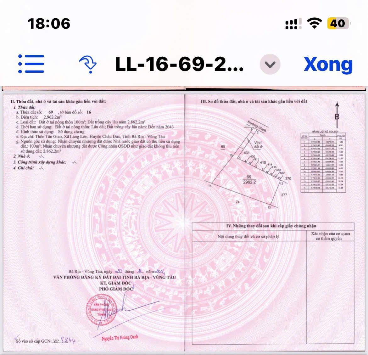 Bán đất mặt tiền xã Láng Lớn huyện Châu Đức, dt 2962m2(100m2 thổ cư) 2,2 tỷ