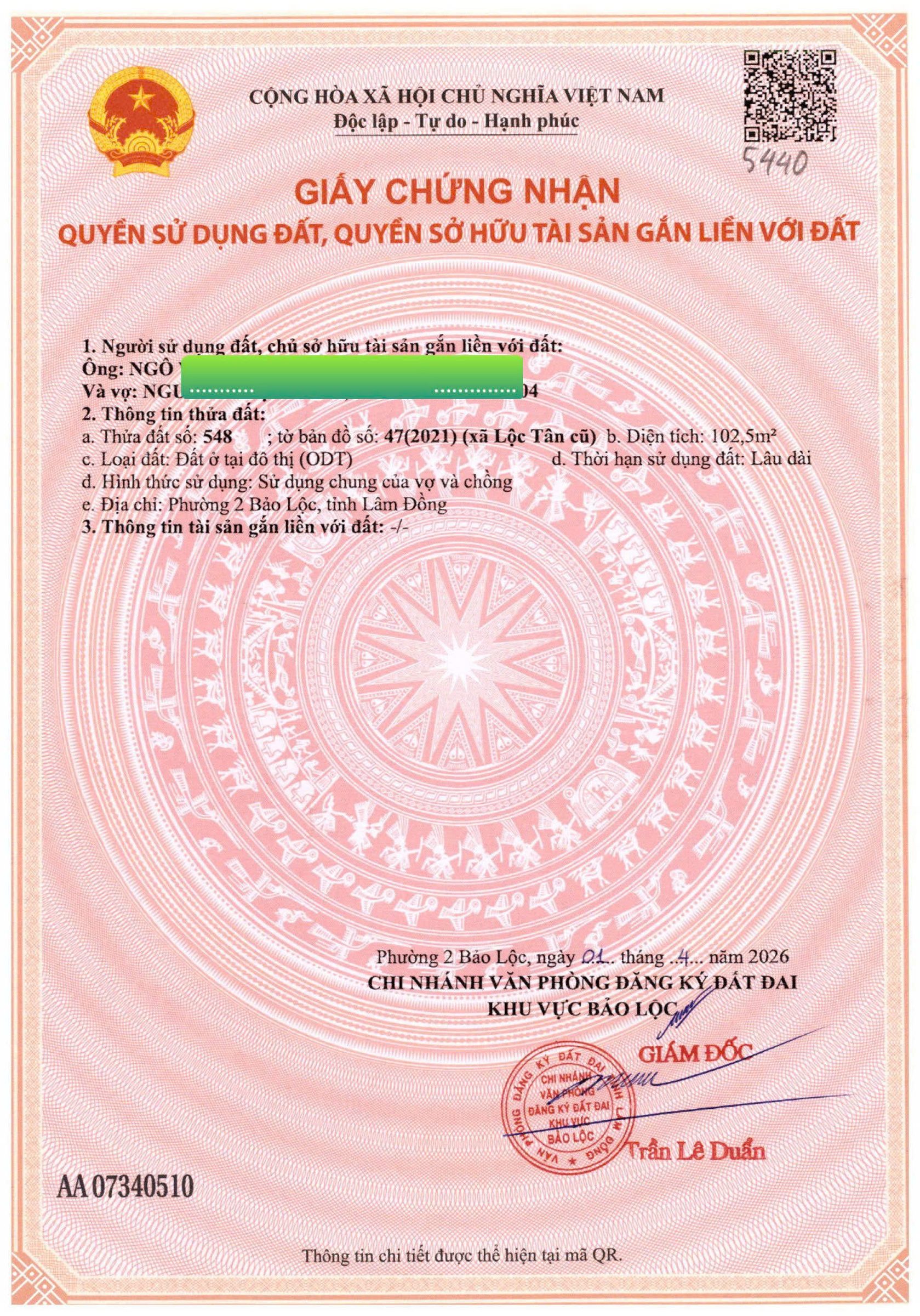 Chính chủ muốn bán lô đất 102.5 Phường 2 Bảo Lộc.