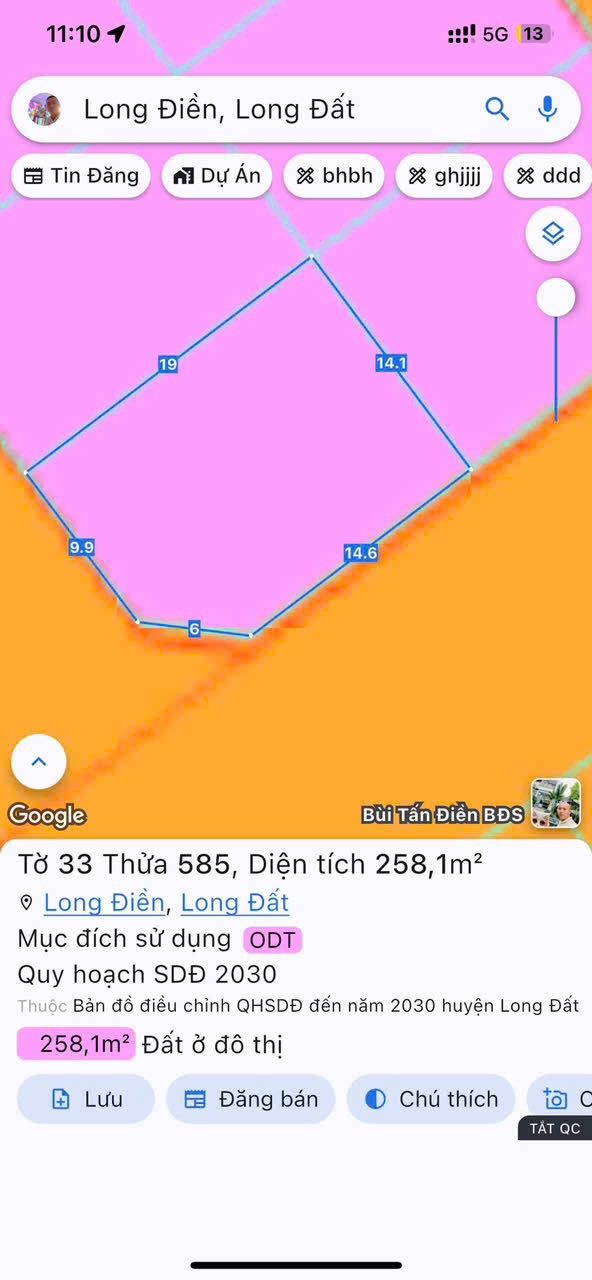 Bán đất 258.1m² có sẵn 258m² thổ cư ngang 14x19m giá 3.8 tỷ tại Xã Long Điền