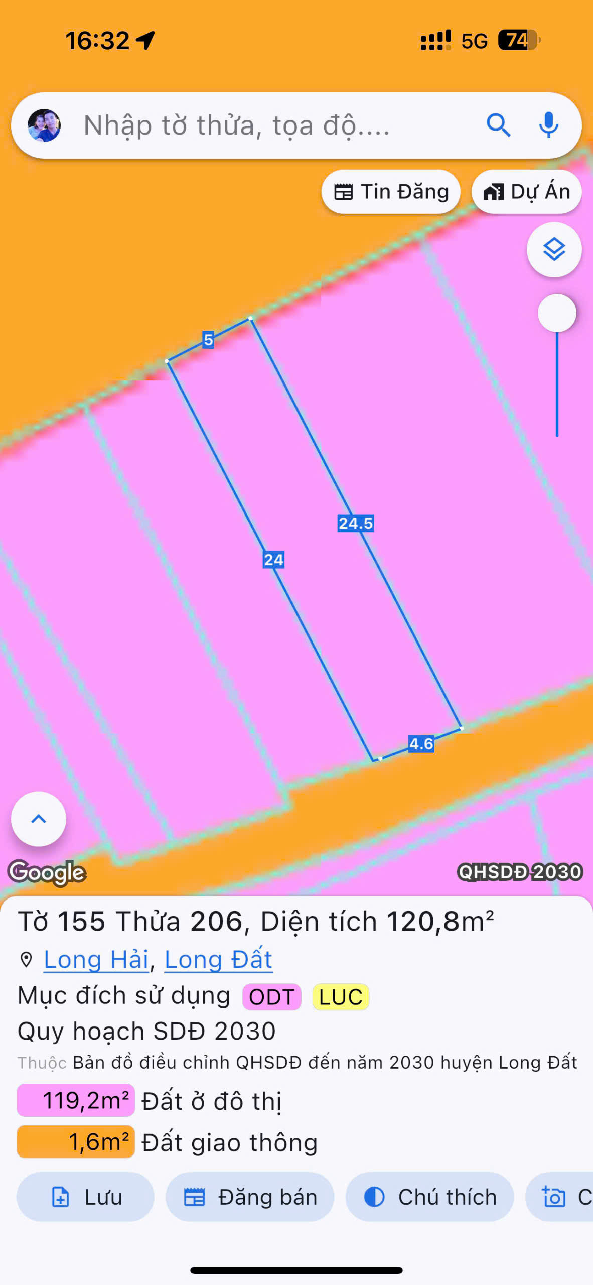 Bán đất 128.7m² có sẵn 60m² thổ cư ngang 5m giá 4.6 tỷ tại Xã Long Hải